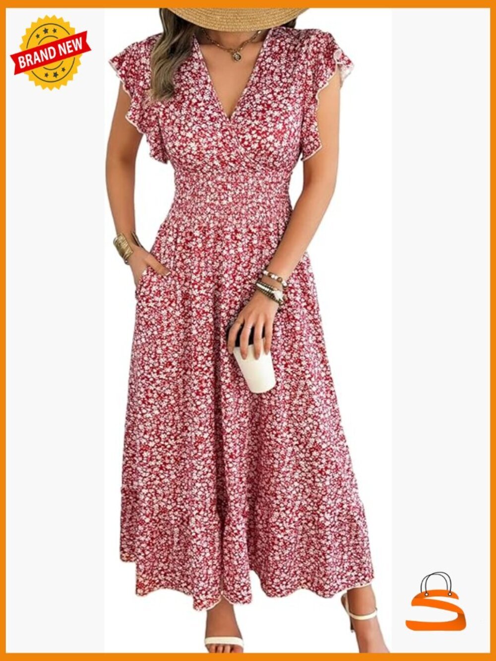 Maxi Floral Dress - Flutter Short Sleeve Wrap V-Neck A-Line Smocked Waist with